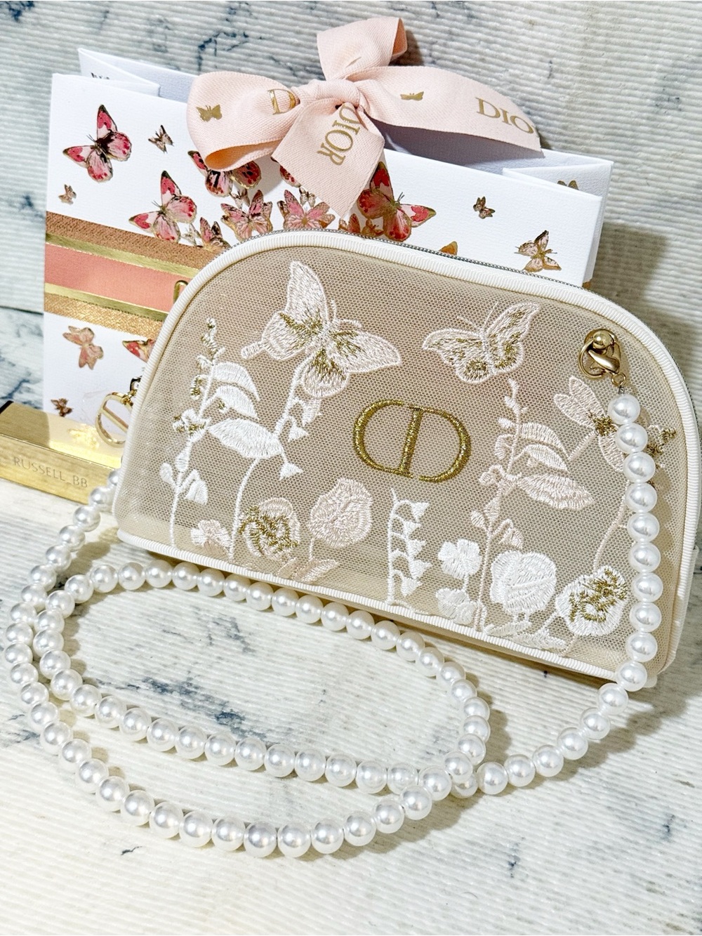 Dior Beauty Butterfly Floral Embroidered Mesh Pouch with Pearl Strap & Gift Bag